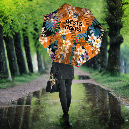 Wests Tigers Umbrella Tropical Hibiscus Floral Pattern With Orange And Black Accents