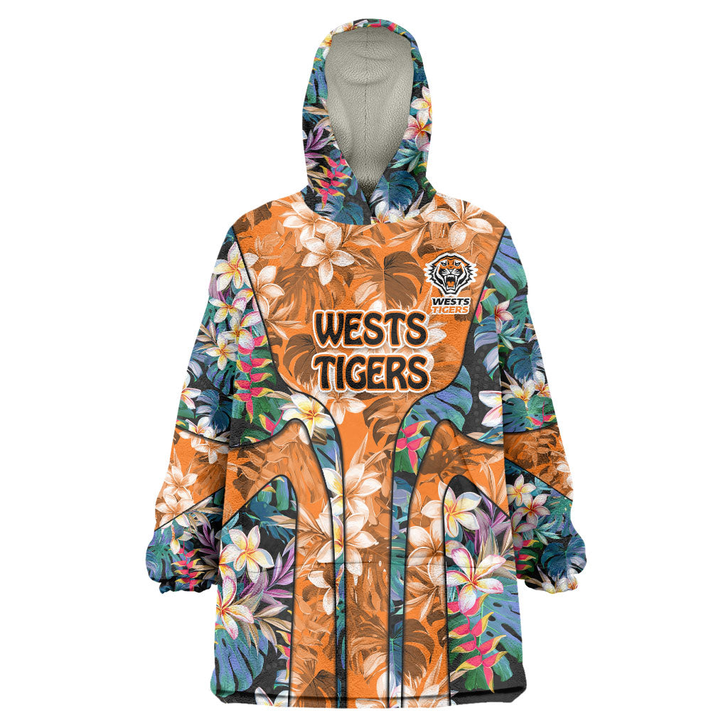 Wests Tigers Wearable Blanket Hoodie Tropical Hibiscus Floral Pattern With Orange And Black Accents