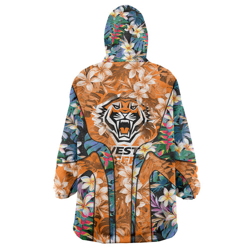 Wests Tigers Wearable Blanket Hoodie Tropical Hibiscus Floral Pattern With Orange And Black Accents