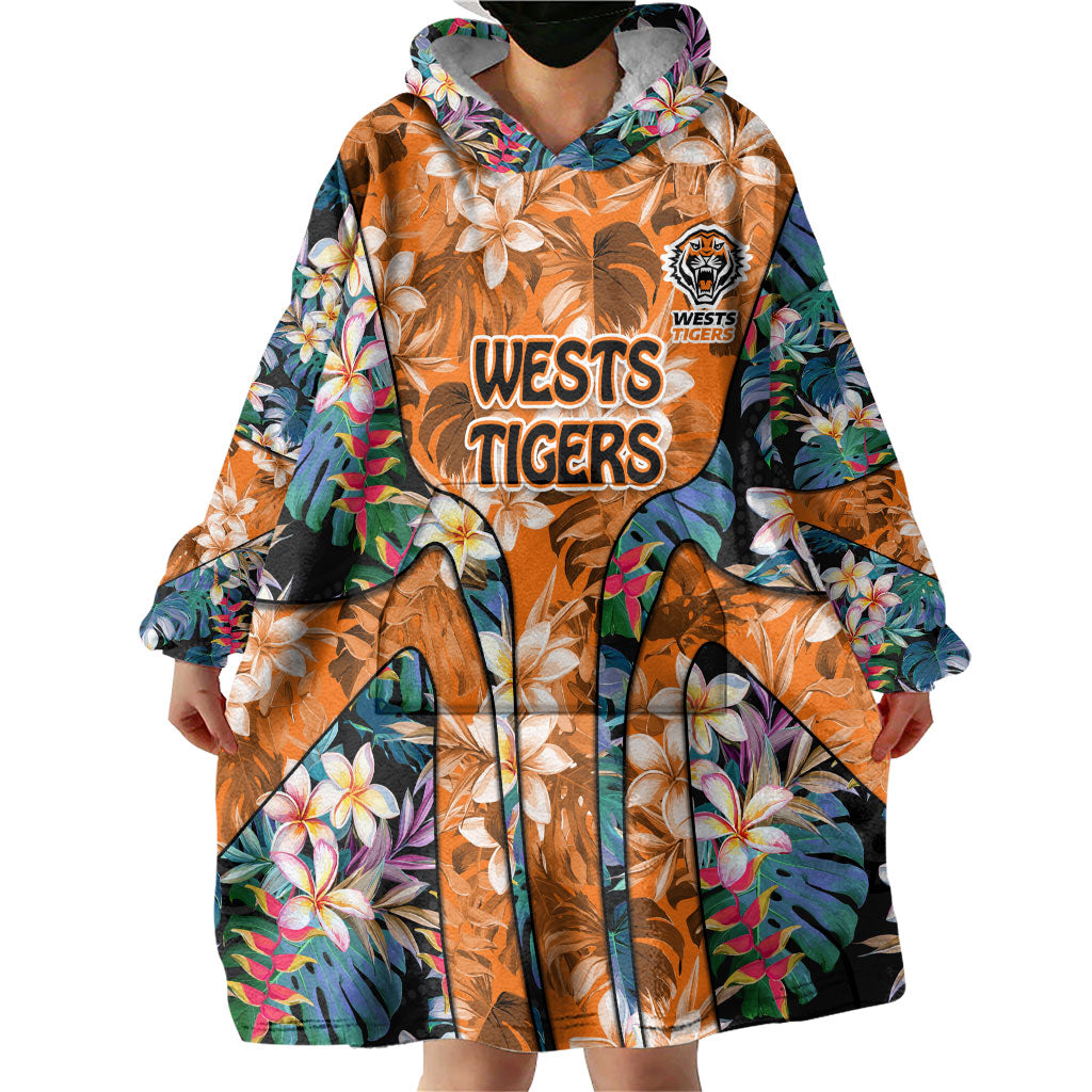Wests Tigers Wearable Blanket Hoodie Tropical Hibiscus Floral Pattern With Orange And Black Accents