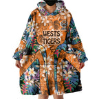 Wests Tigers Wearable Blanket Hoodie Tropical Hibiscus Floral Pattern With Orange And Black Accents