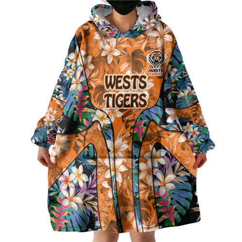 Wests Tigers Wearable Blanket Hoodie Tropical Hibiscus Floral Pattern With Orange And Black Accents
