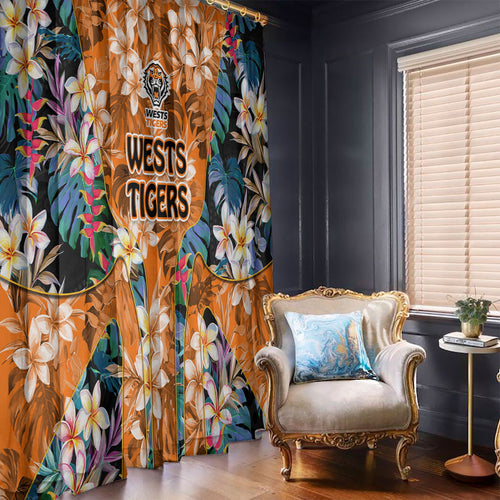 Wests Tigers Window Curtain Tropical Hibiscus Floral Pattern With Orange And Black Accents