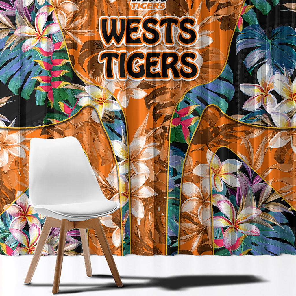 Wests Tigers Window Curtain Tropical Hibiscus Floral Pattern With Orange And Black Accents