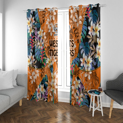 Wests Tigers Window Curtain Tropical Hibiscus Floral Pattern With Orange And Black Accents