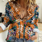 Wests Tigers Women Casual Shirt Tropical Hibiscus Floral Pattern With Orange And Black Accents