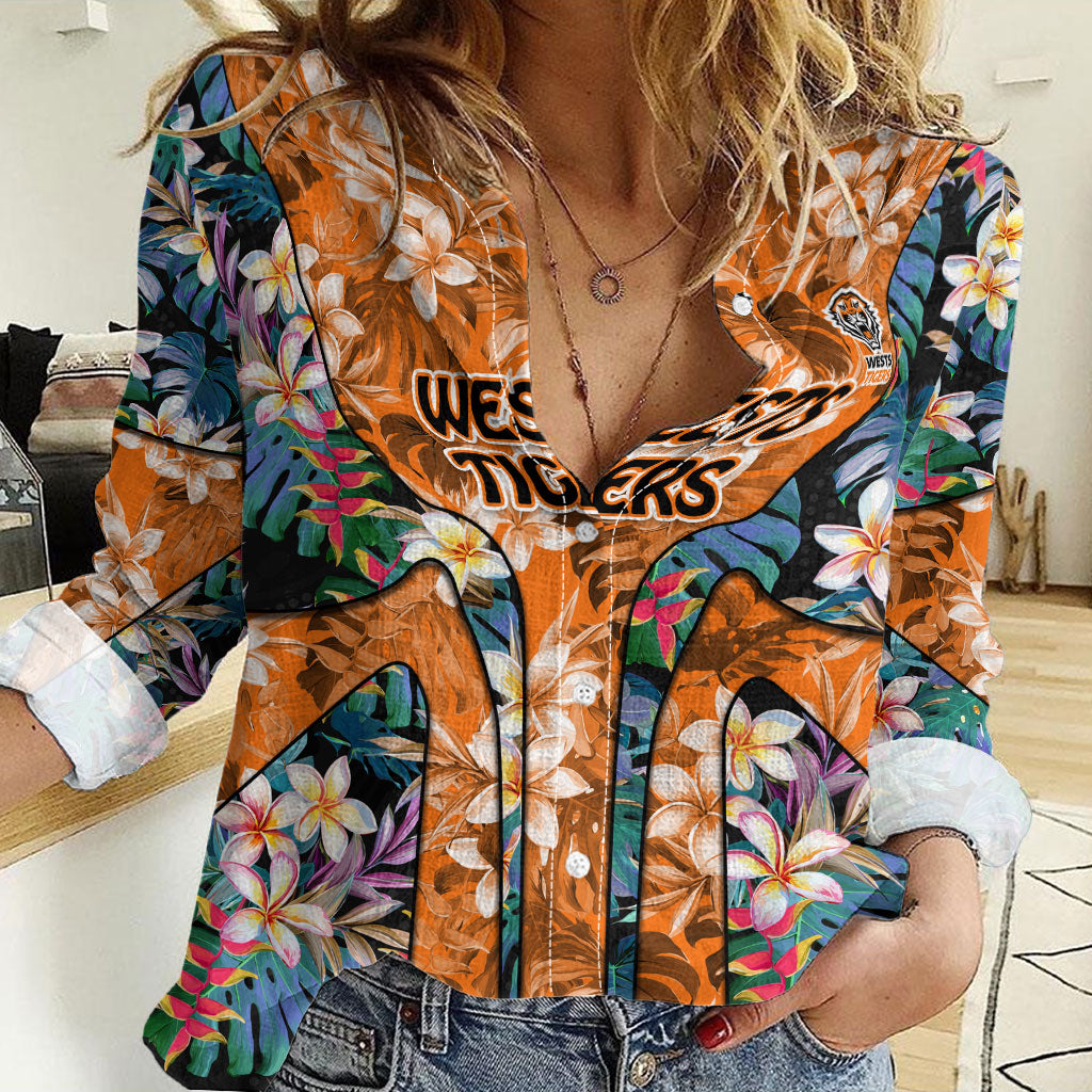 Wests Tigers Women Casual Shirt Tropical Hibiscus Floral Pattern With Orange And Black Accents