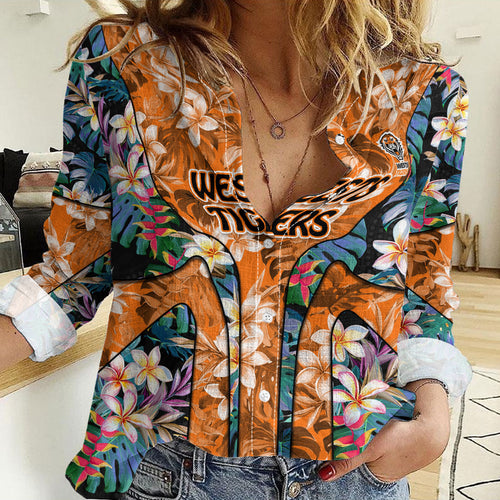 Wests Tigers Women Casual Shirt Tropical Hibiscus Floral Pattern With Orange And Black Accents