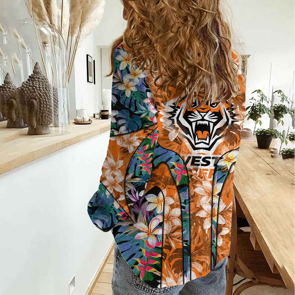 Wests Tigers Women Casual Shirt Tropical Hibiscus Floral Pattern With Orange And Black Accents