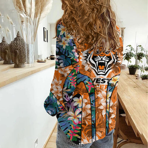 Wests Tigers Women Casual Shirt Tropical Hibiscus Floral Pattern With Orange And Black Accents