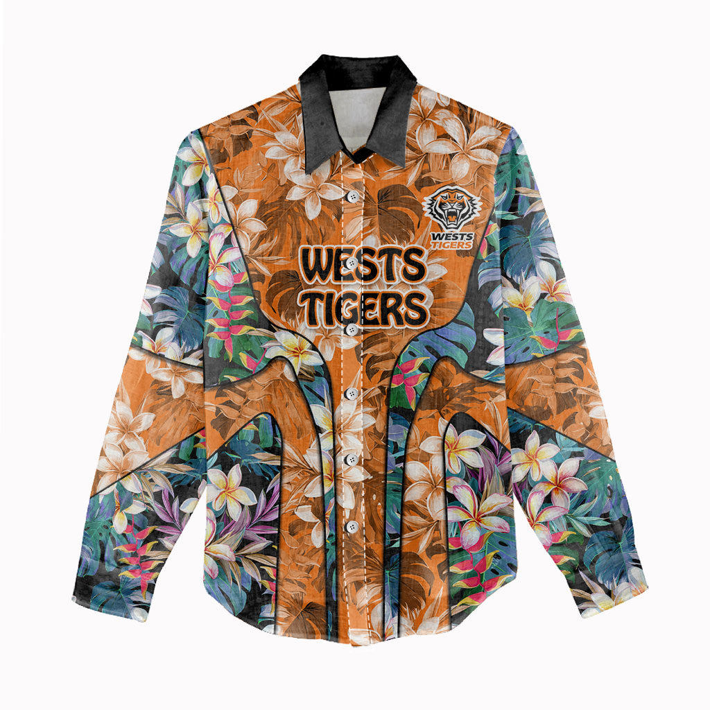 Wests Tigers Women Casual Shirt Tropical Hibiscus Floral Pattern With Orange And Black Accents