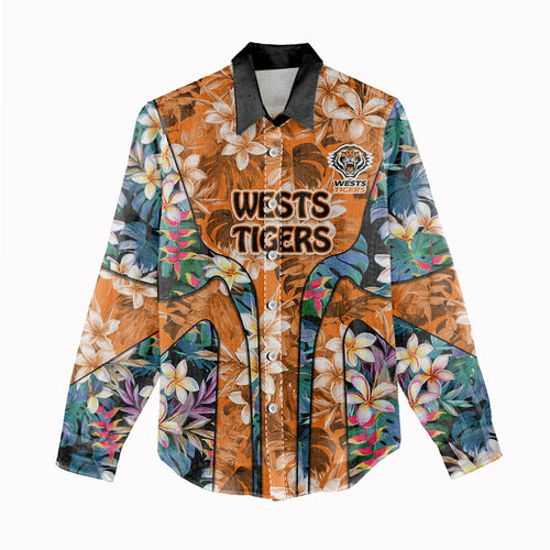 Wests Tigers Women Casual Shirt Tropical Hibiscus Floral Pattern With Orange And Black Accents