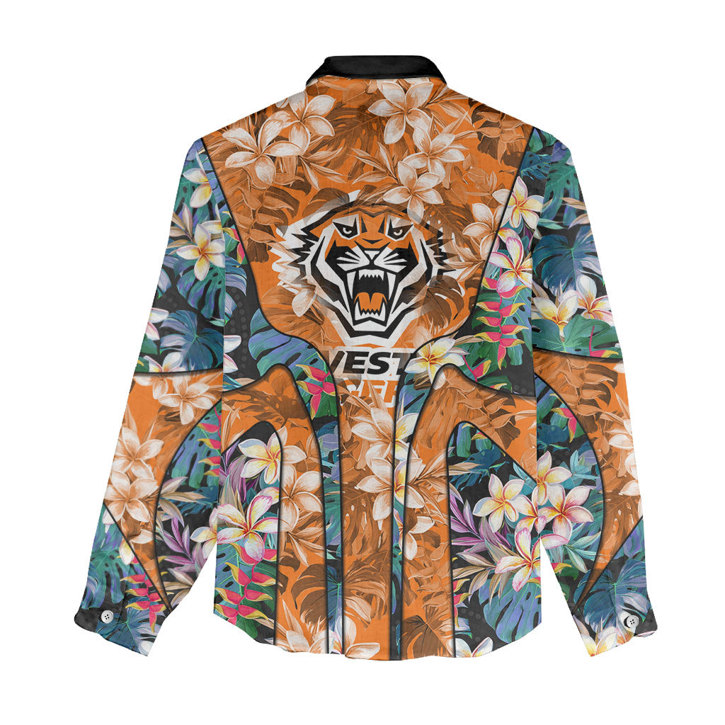 Wests Tigers Women Casual Shirt Tropical Hibiscus Floral Pattern With Orange And Black Accents