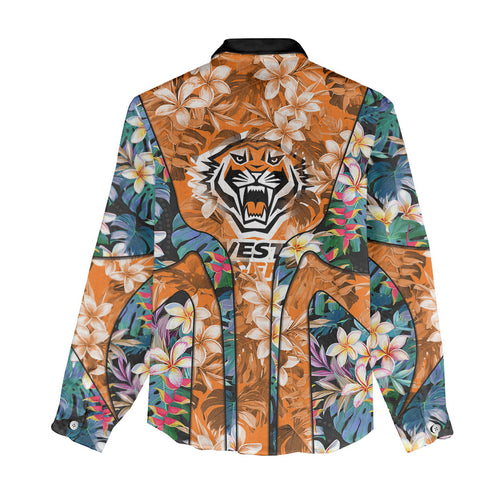 Wests Tigers Women Casual Shirt Tropical Hibiscus Floral Pattern With Orange And Black Accents