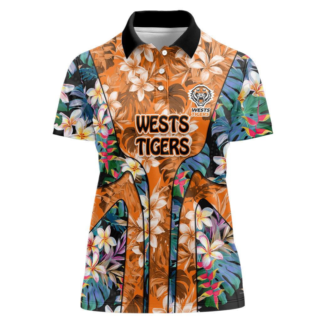 Wests Tigers Women Polo Shirt Tropical Hibiscus Floral Pattern With Orange And Black Accents