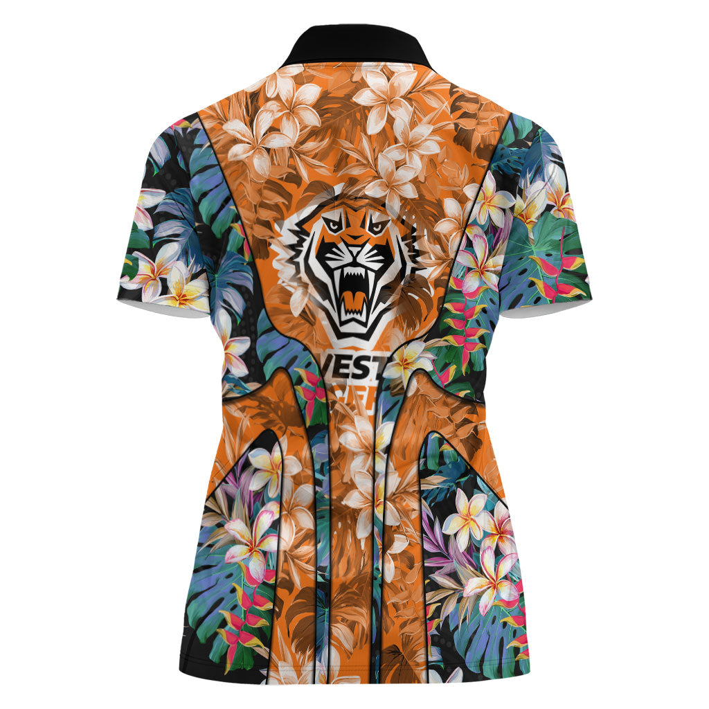 Wests Tigers Women Polo Shirt Tropical Hibiscus Floral Pattern With Orange And Black Accents
