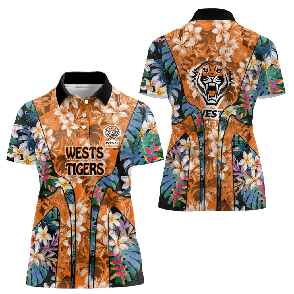 Wests Tigers Women Polo Shirt Tropical Hibiscus Floral Pattern With Orange And Black Accents