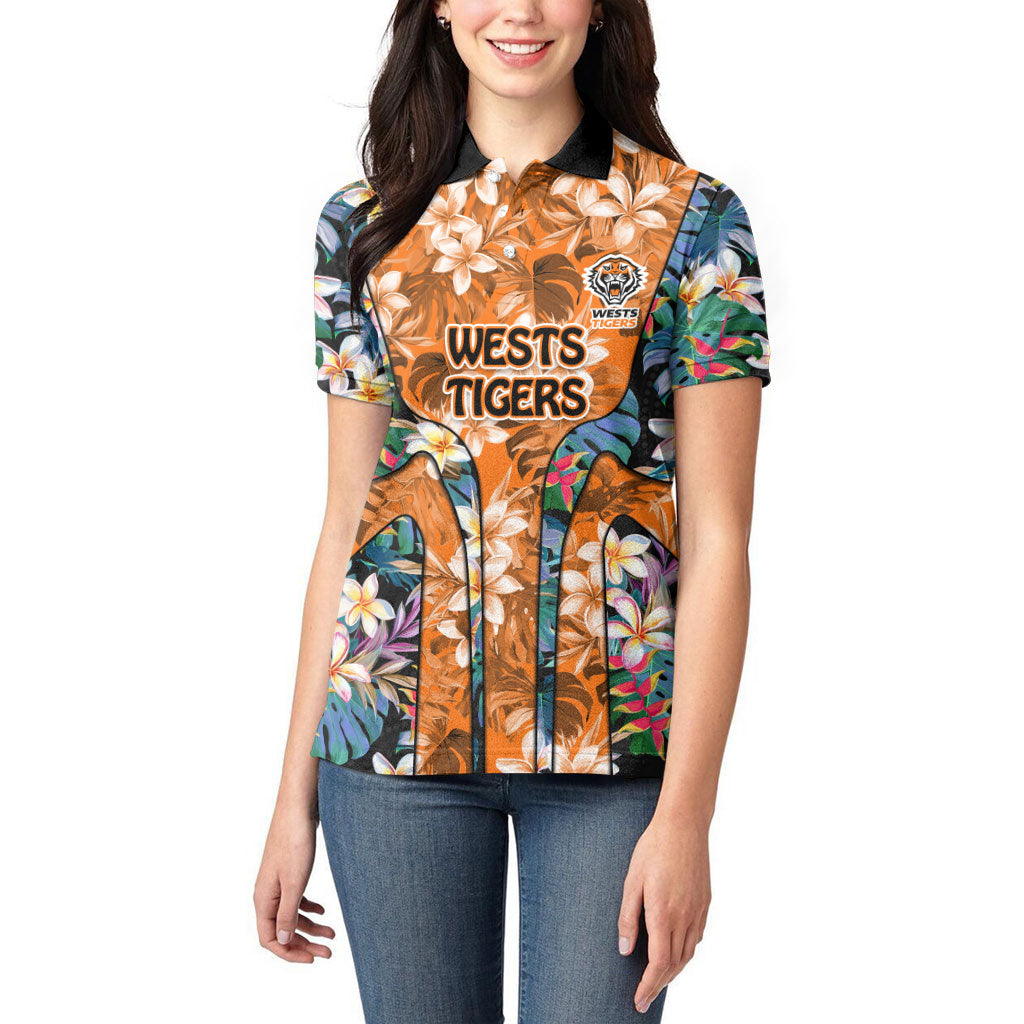 Wests Tigers Women Polo Shirt Tropical Hibiscus Floral Pattern With Orange And Black Accents