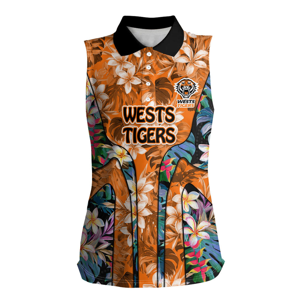 Wests Tigers Women Sleeveless Polo Shirt Tropical Hibiscus Floral Pattern With Orange And Black Accents