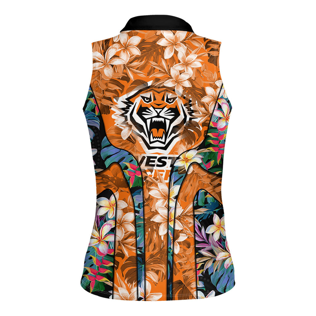 Wests Tigers Women Sleeveless Polo Shirt Tropical Hibiscus Floral Pattern With Orange And Black Accents