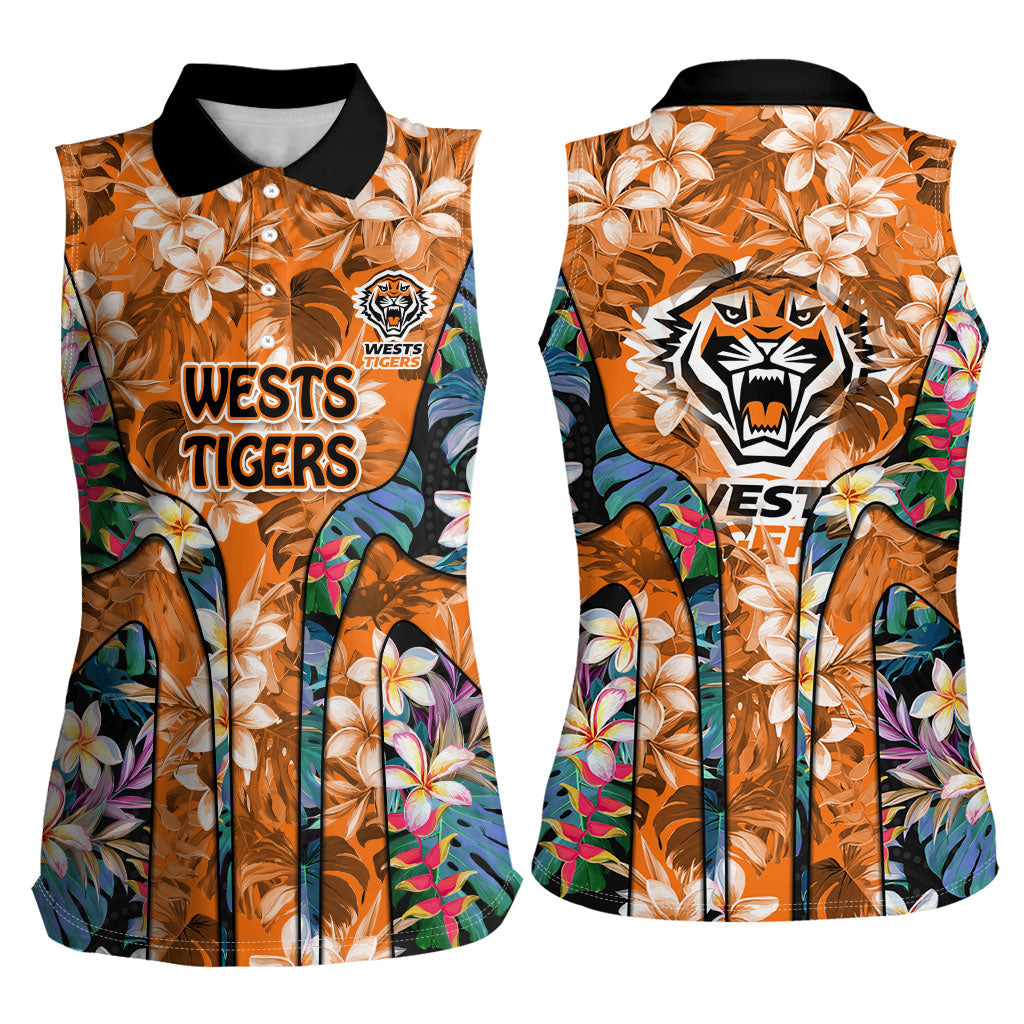 Wests Tigers Women Sleeveless Polo Shirt Tropical Hibiscus Floral Pattern With Orange And Black Accents