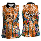 Wests Tigers Women Sleeveless Polo Shirt Tropical Hibiscus Floral Pattern With Orange And Black Accents