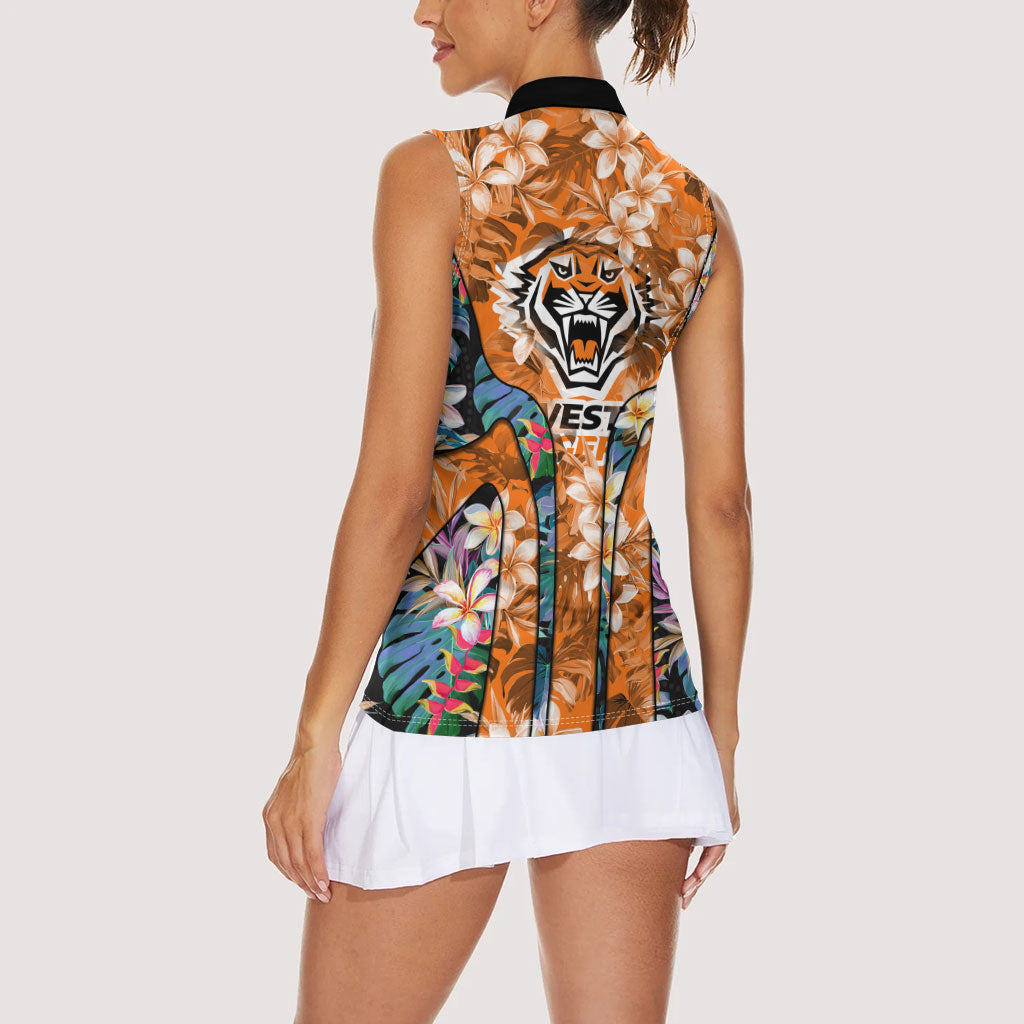 Wests Tigers Women Sleeveless Polo Shirt Tropical Hibiscus Floral Pattern With Orange And Black Accents