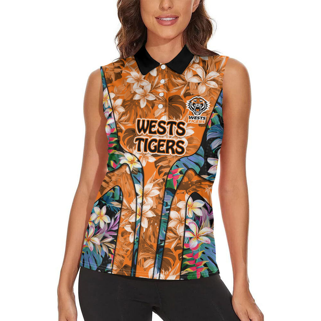 Wests Tigers Women Sleeveless Polo Shirt Tropical Hibiscus Floral Pattern With Orange And Black Accents
