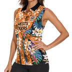 Wests Tigers Women Sleeveless Polo Shirt Tropical Hibiscus Floral Pattern With Orange And Black Accents