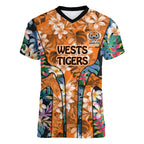 Wests Tigers Women V-Neck T-Shirt Tropical Hibiscus Floral Pattern With Orange And Black Accents