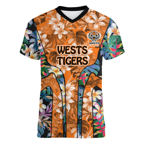 Wests Tigers Women V-Neck T-Shirt Tropical Hibiscus Floral Pattern With Orange And Black Accents