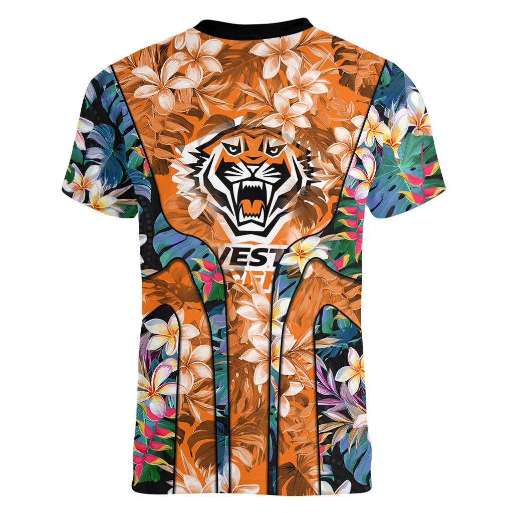Wests Tigers Women V-Neck T-Shirt Tropical Hibiscus Floral Pattern With Orange And Black Accents