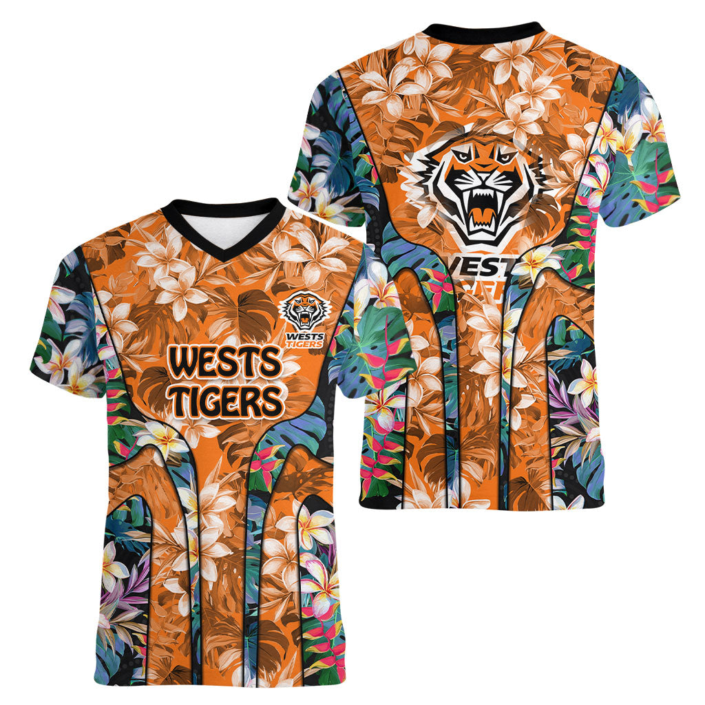 Wests Tigers Women V-Neck T-Shirt Tropical Hibiscus Floral Pattern With Orange And Black Accents