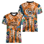 Wests Tigers Women V-Neck T-Shirt Tropical Hibiscus Floral Pattern With Orange And Black Accents