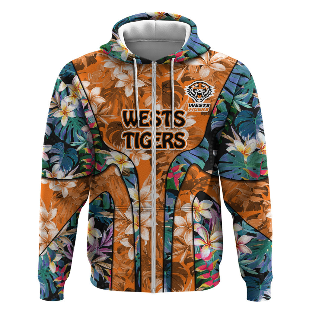 Wests Tigers Zip Hoodie Tropical Hibiscus Floral Pattern With Orange And Black Accents