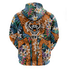 Wests Tigers Zip Hoodie Tropical Hibiscus Floral Pattern With Orange And Black Accents