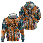 Wests Tigers Zip Hoodie Tropical Hibiscus Floral Pattern With Orange And Black Accents