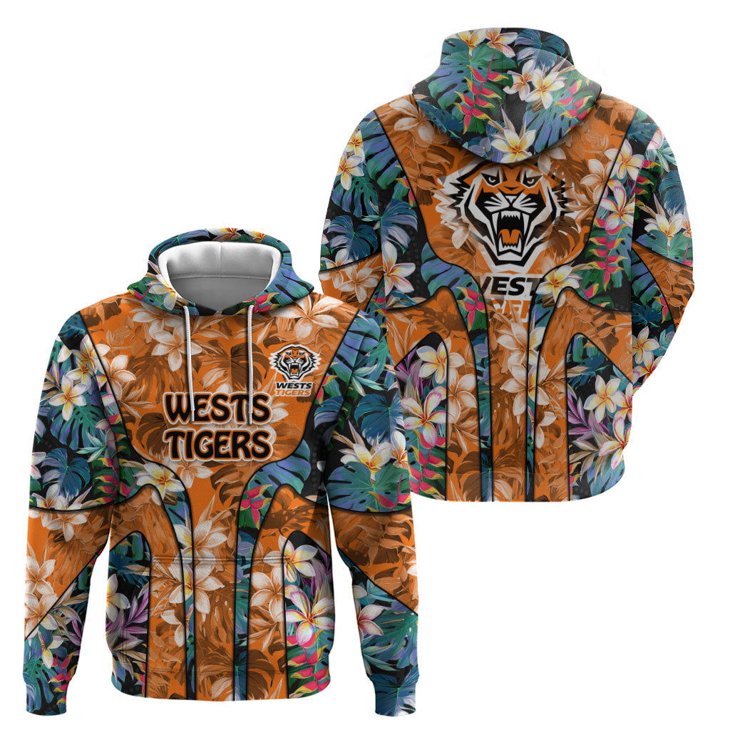 Wests Tigers Zip Hoodie Tropical Hibiscus Floral Pattern With Orange And Black Accents
