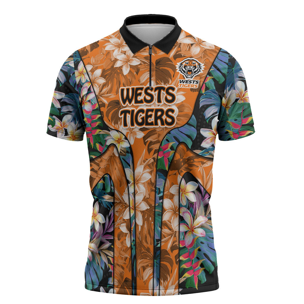 Wests Tigers Zipper Polo Shirt Tropical Hibiscus Floral Pattern With Orange And Black Accents
