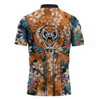 Wests Tigers Zipper Polo Shirt Tropical Hibiscus Floral Pattern With Orange And Black Accents