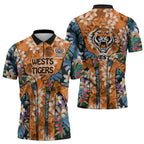 Wests Tigers Zipper Polo Shirt Tropical Hibiscus Floral Pattern With Orange And Black Accents