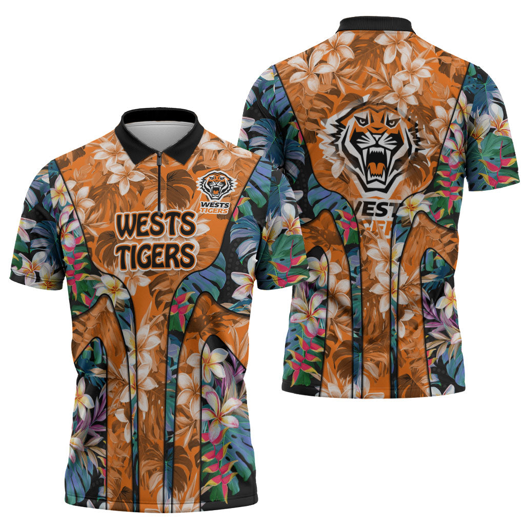 Wests Tigers Zipper Polo Shirt Tropical Hibiscus Floral Pattern With Orange And Black Accents