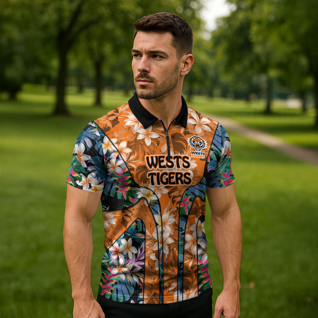 Wests Tigers Zipper Polo Shirt Tropical Hibiscus Floral Pattern With Orange And Black Accents