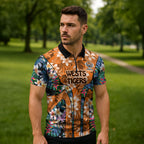 Wests Tigers Zipper Polo Shirt Tropical Hibiscus Floral Pattern With Orange And Black Accents