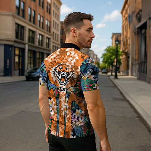 Wests Tigers Zipper Polo Shirt Tropical Hibiscus Floral Pattern With Orange And Black Accents