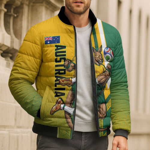Personalized Australia Soccer Kangaroo Bomber Puffer Jacket Australia Flag Athletic Mascot Boxing Kangaroo