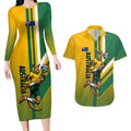 Personalized Australia Soccer Kangaroo Couples Matching Long Sleeve Bodycon Dress and Hawaiian Shirt Australia Flag Athletic Mascot Boxing Kangaroo