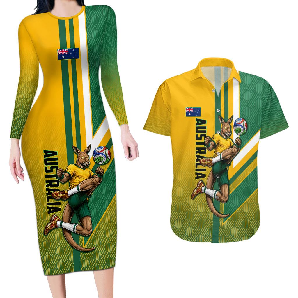 Personalized Australia Soccer Kangaroo Couples Matching Long Sleeve Bodycon Dress and Hawaiian Shirt Australia Flag Athletic Mascot Boxing Kangaroo