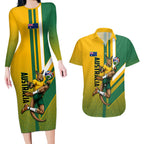 Personalized Australia Soccer Kangaroo Couples Matching Long Sleeve Bodycon Dress and Hawaiian Shirt Australia Flag Athletic Mascot Boxing Kangaroo