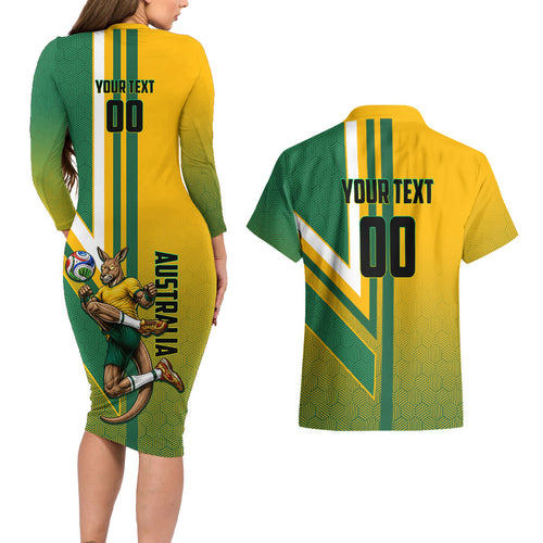 Personalized Australia Soccer Kangaroo Couples Matching Long Sleeve Bodycon Dress and Hawaiian Shirt Australia Flag Athletic Mascot Boxing Kangaroo